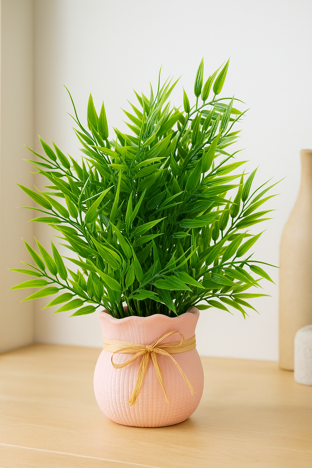 Green potted plant in a pink pot with a yellow ribbon on a wooden surface.