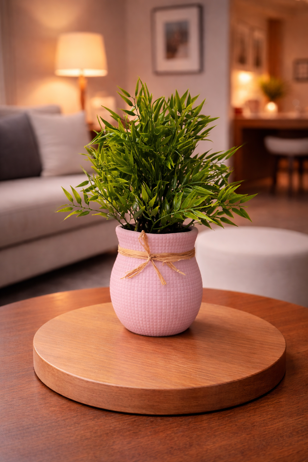 Potted plant in a pink vase on a wooden table in a living room setting
