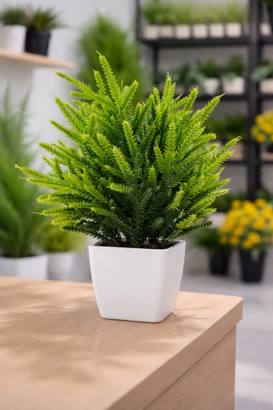 Potted fern plant on a wooden surface with blurred indoor plants in the background