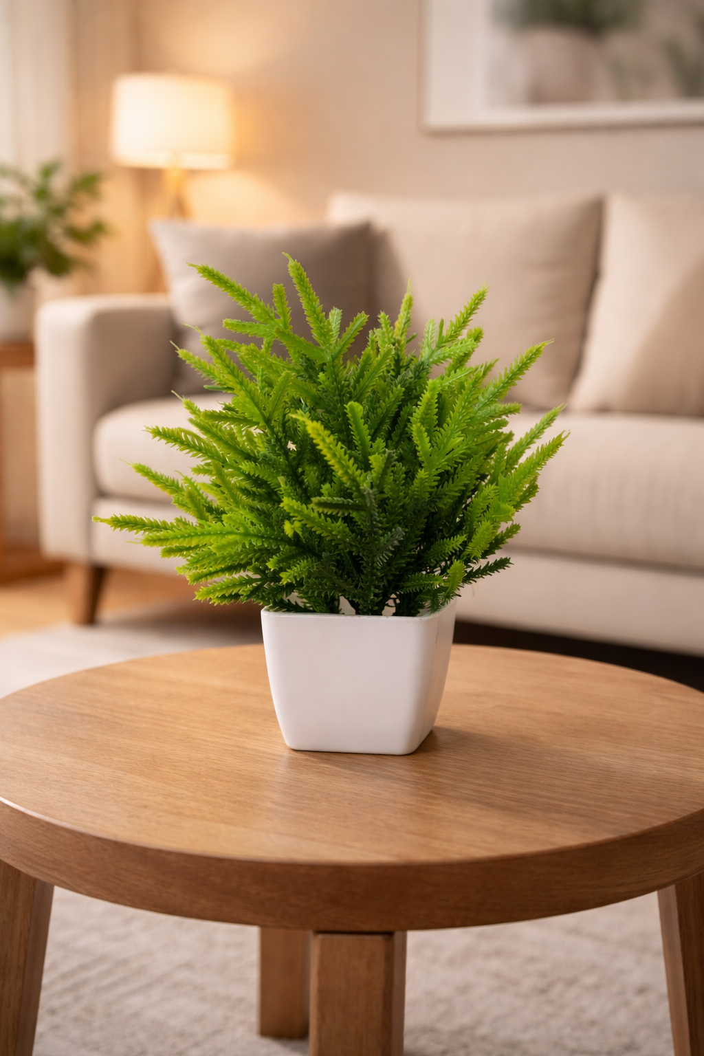 Potted plant on a wooden table in a living room setting