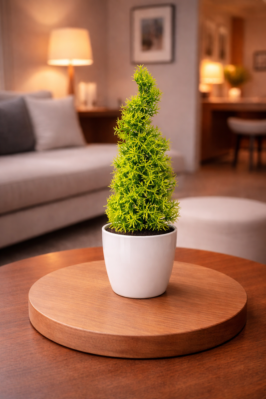 Green potted plant on a wooden table in a living room setting