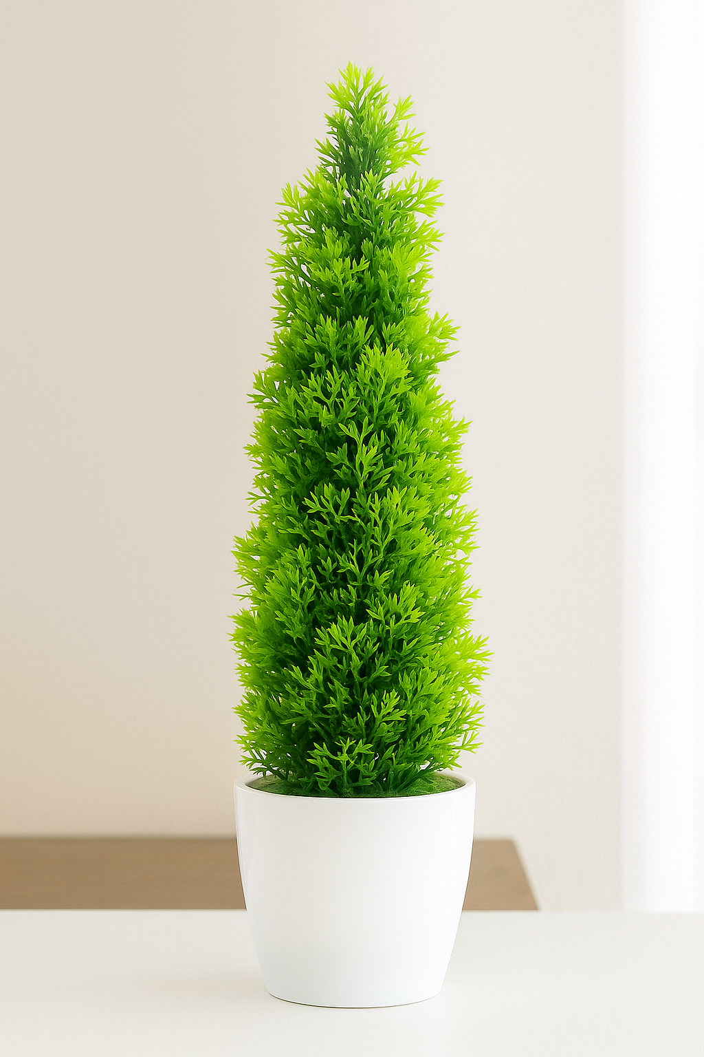Potted green plant on a white surface with a neutral background