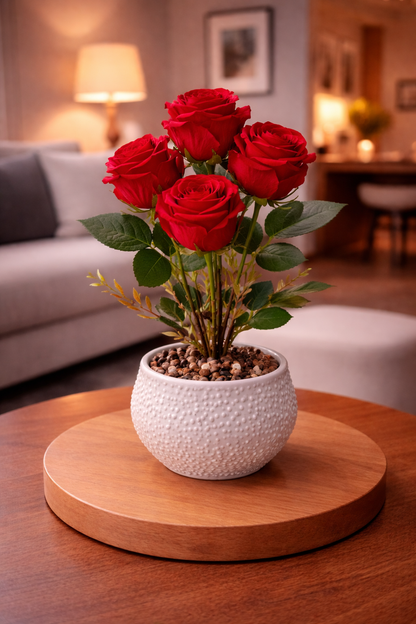Potted plant with red flowers on a wooden table in a living room setting
