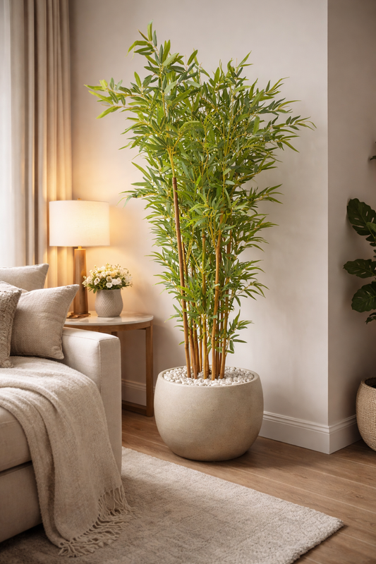 Potted bamboo plant in a living room setting with a lamp and sofa.